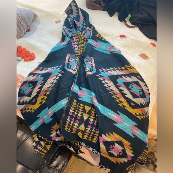 Navy and colorful Aztec poncho/wrap with securing button in front - Picture 3 of 3